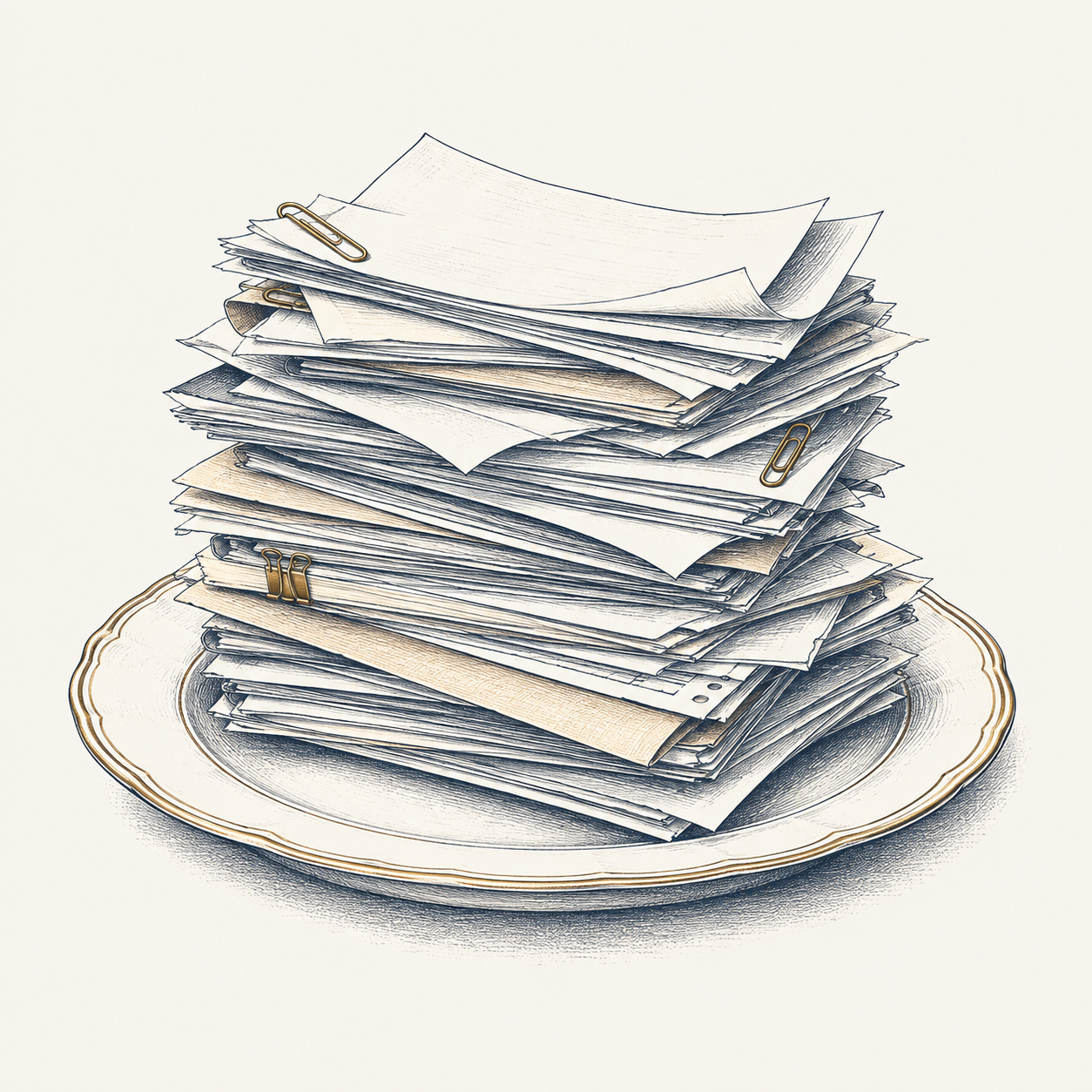 A dinner plate piled high with papers and documents, illustrated in navy ink with gold details.